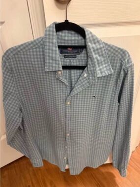 Vineyard Vines Men's Blue & green linen Check Button-Down Shirt large